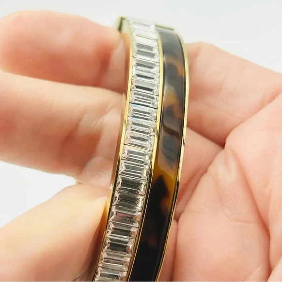 Michael Kors Tortoise and Crystal Baguette Hinged Gold Tone Bangle Bracelet - Picture 2 of 5